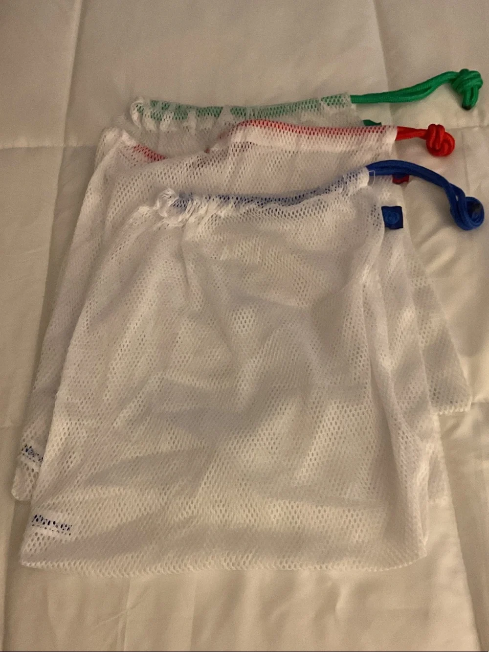 Norwex White Mesh Storage Bags with Green, Red & Blue Drawstrings